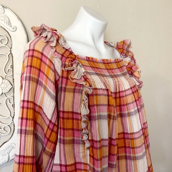 Free People | Womens Pink/Orange Plaid Ruffle Long Sleeve Smock Tie Back Top - Picture 3 of 10
